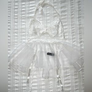 The Essence Collection NWOT White Lace Babydoll Lingerie with white Stockings